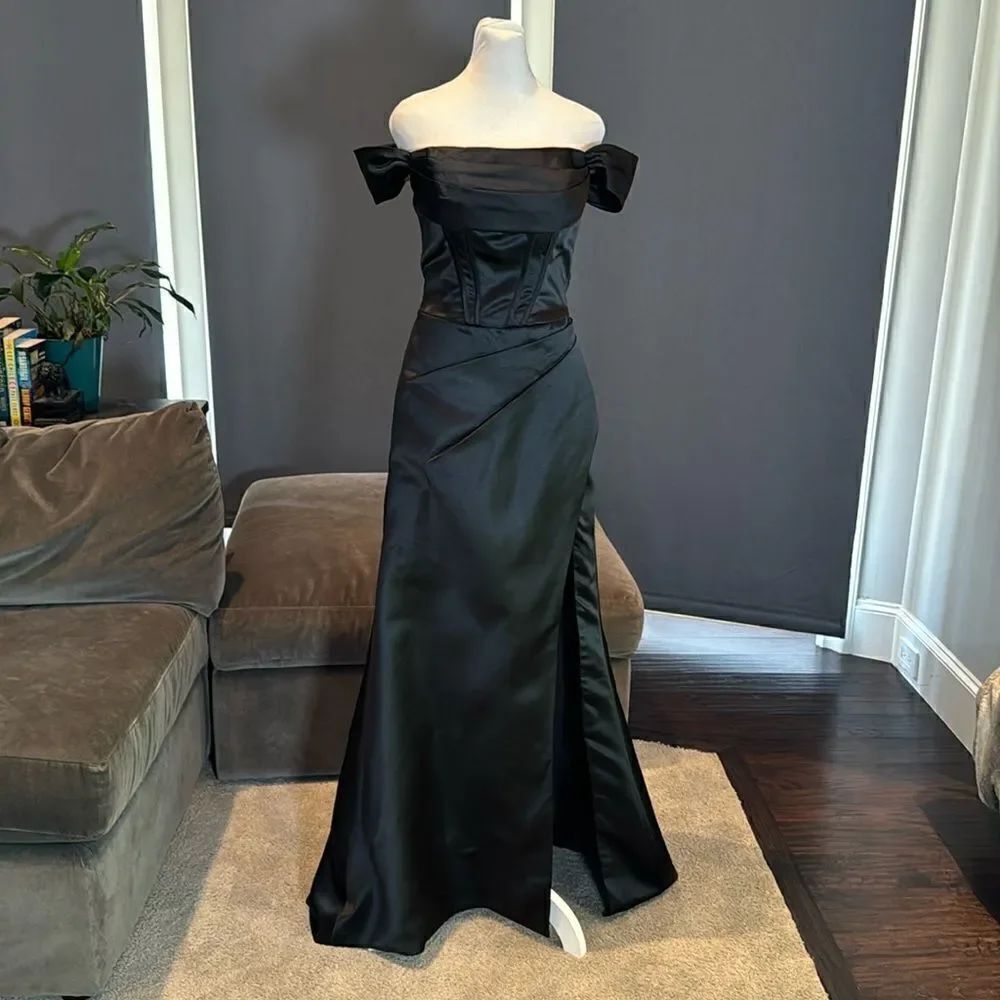 Women’s Black Off The Shoulder Full Length Prom Party Dress Corset Back Size S